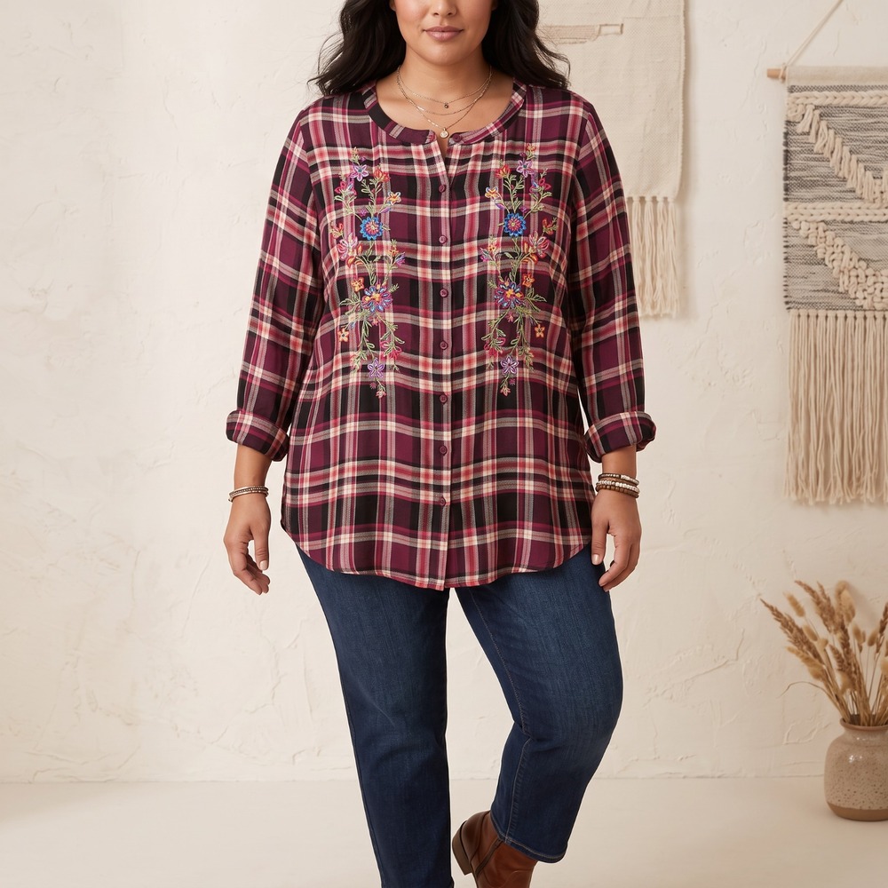 Pioneer Woman Embroidered Plaid Flannel Tunic Top Purple Floral Boho XXL Western